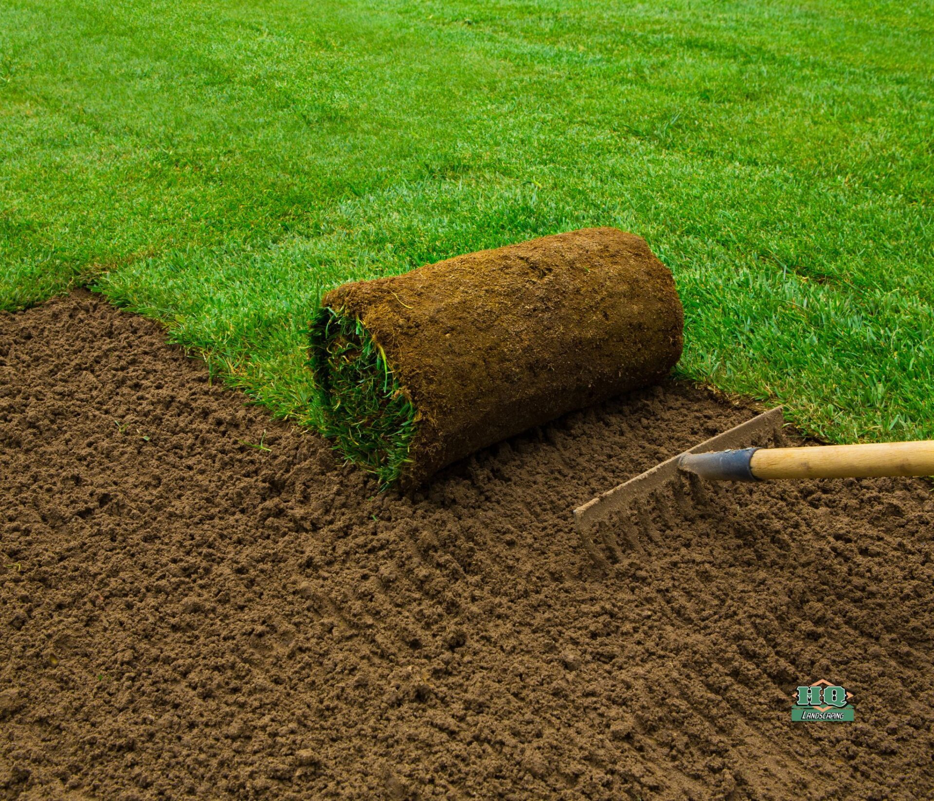 Fresh sod being installed with soil preparation in Southington CT by HQ Landscaping for new lawn installation